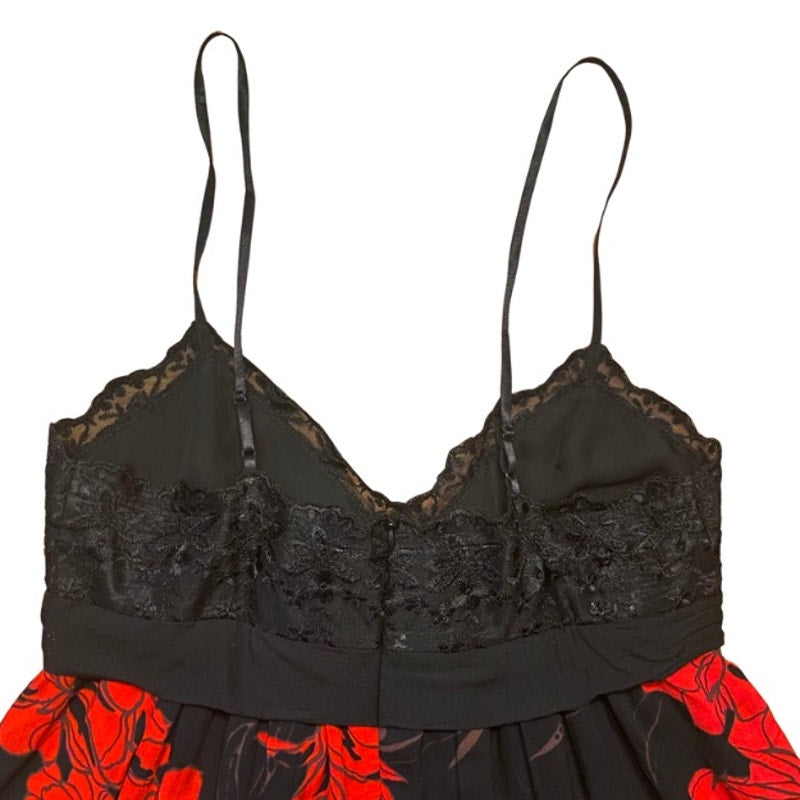 90’s Lacey Bust Black and Red Floral Babydoll Spaghetti Strap Dress  (M)