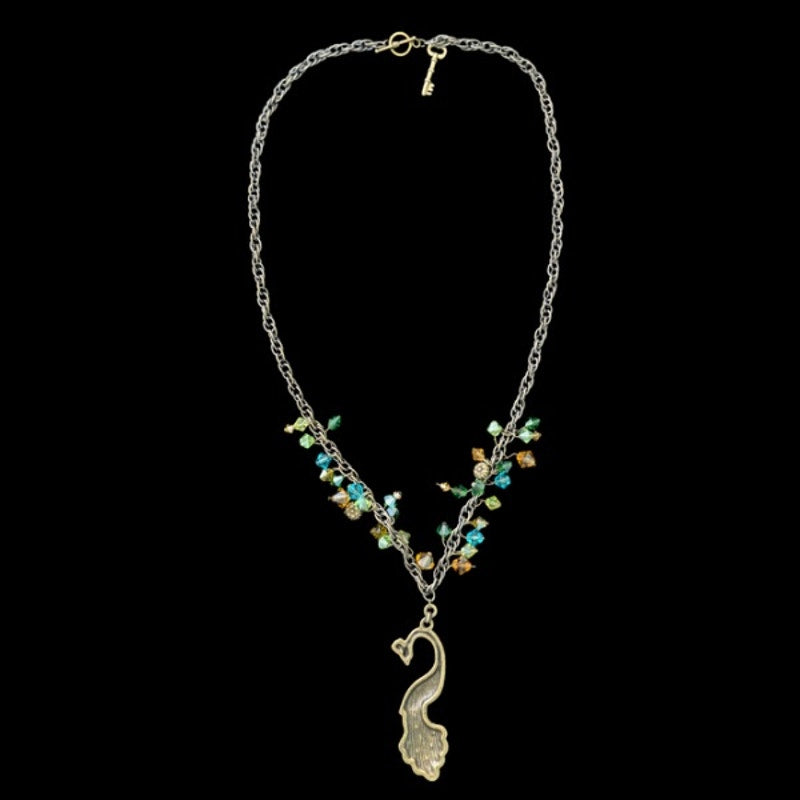 Vintage Bronze Rhinestone Studded Peacock Pendant Beaded Necklace
