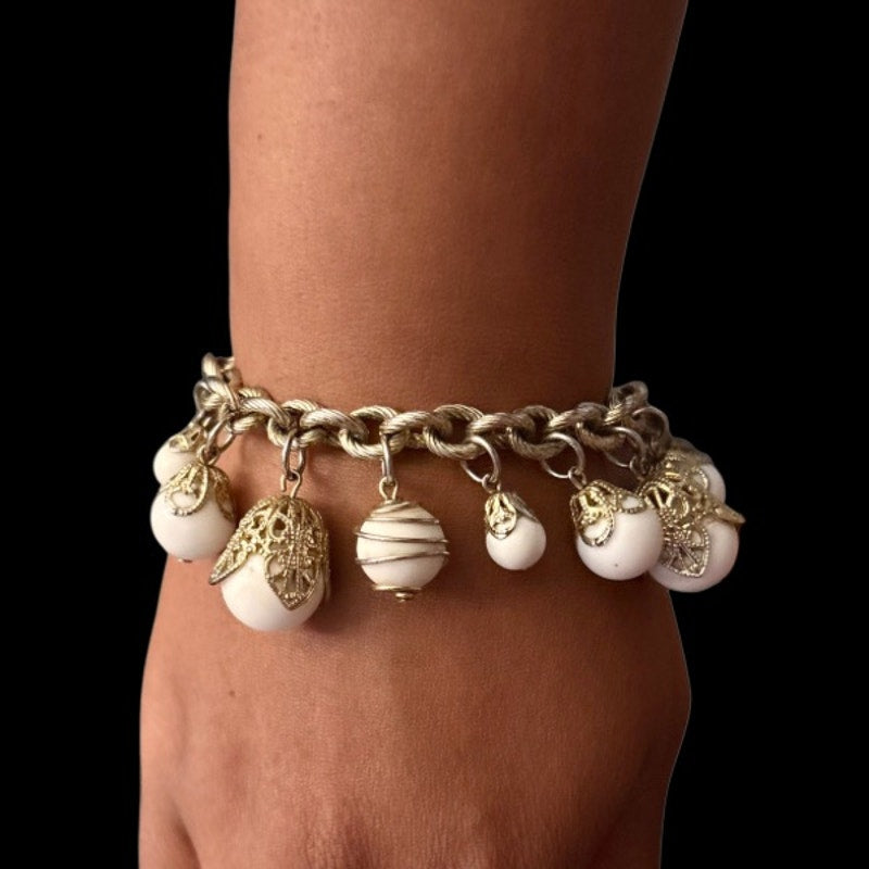 Vintage White & Silver Bauble Filigree Charm Chain Bracelet