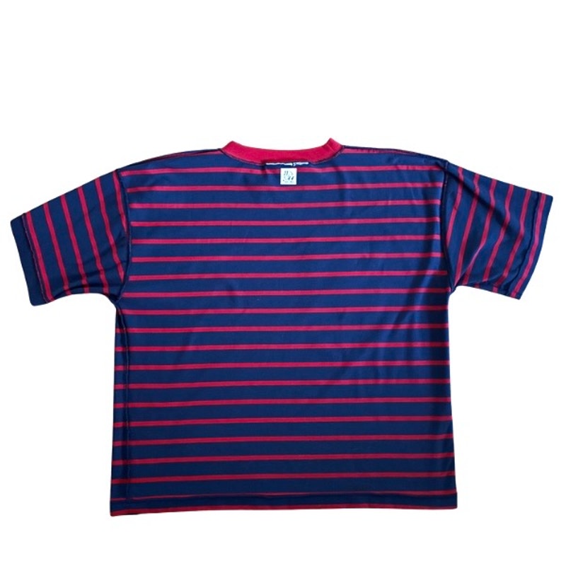 Vintage Sun and Moon Patch Blue/Green Striped 3/4 Sleeve Cotton V-Neck Top (L-XL)