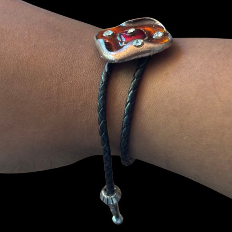 Upcycled Vintage Abstract Rhinestone Studded Red, Orange, and Bronze Diamond Bolo Bracelet