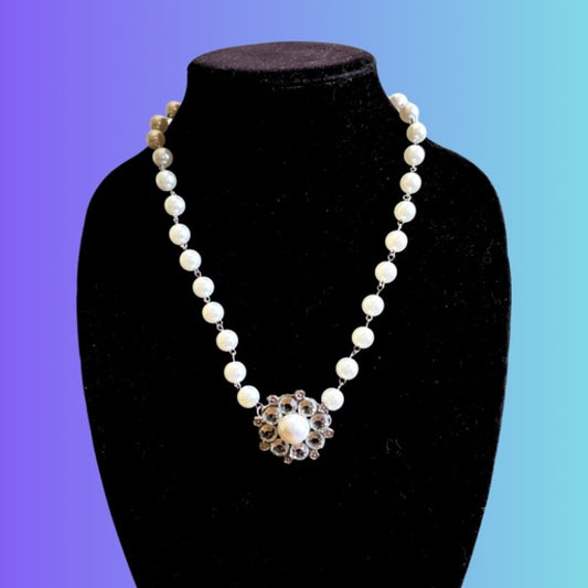 Vintage Rhinestone & Pearl Flower Pendant Pearl Beaded Chain Necklace | Handmade with Secondhand Materials