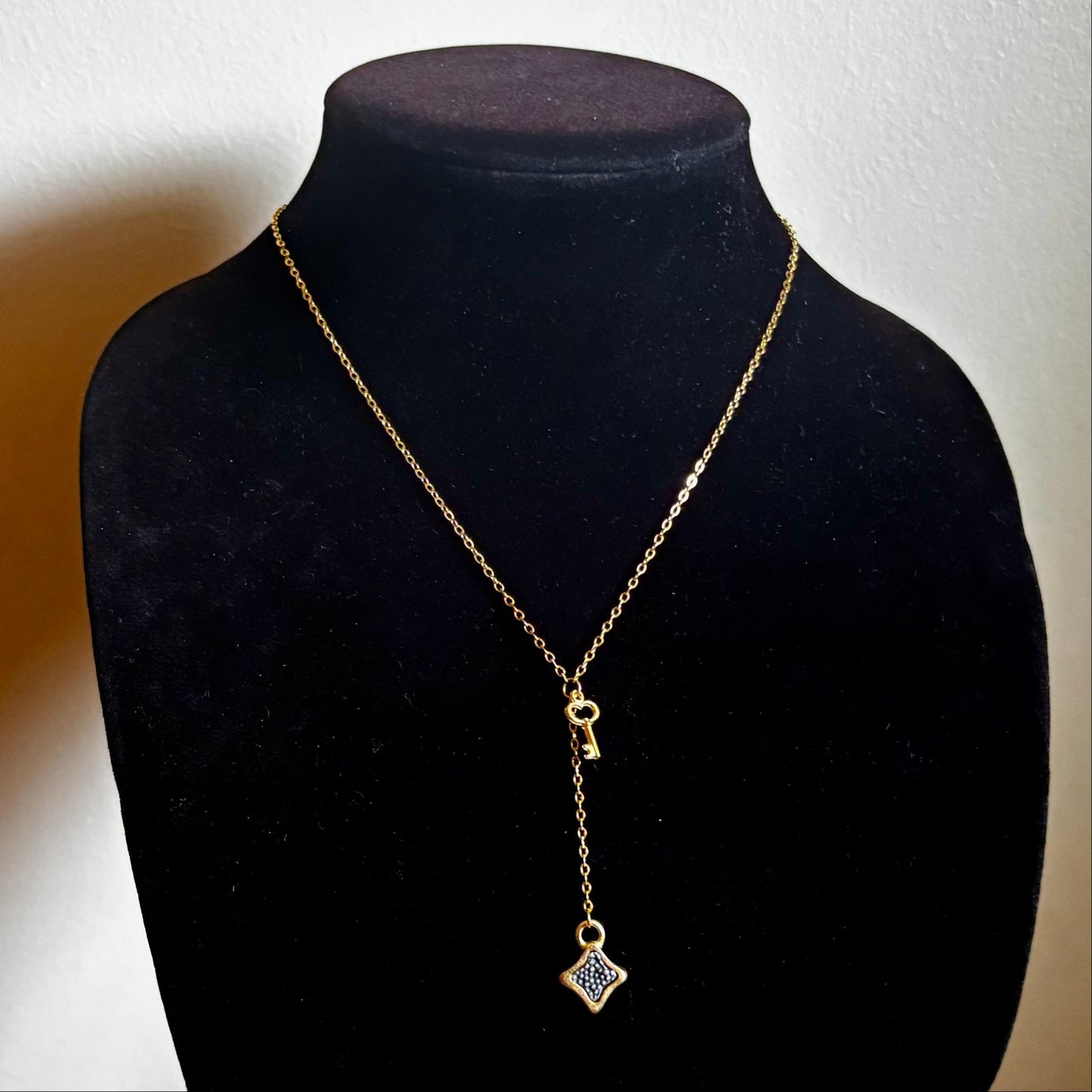 Gold Toned Key & Abstract Diamond Charm Layered Drop Pendant Necklace