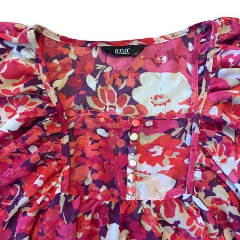 Sheer Pink/Purple Floral Puffed Sleeve Peasant Top w/ Sash (L)