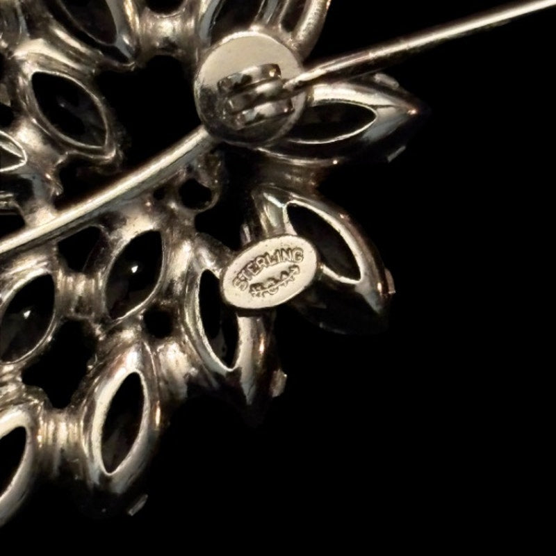 Vintage Clear Rhinestone Sterling Silver Leaf Brooch