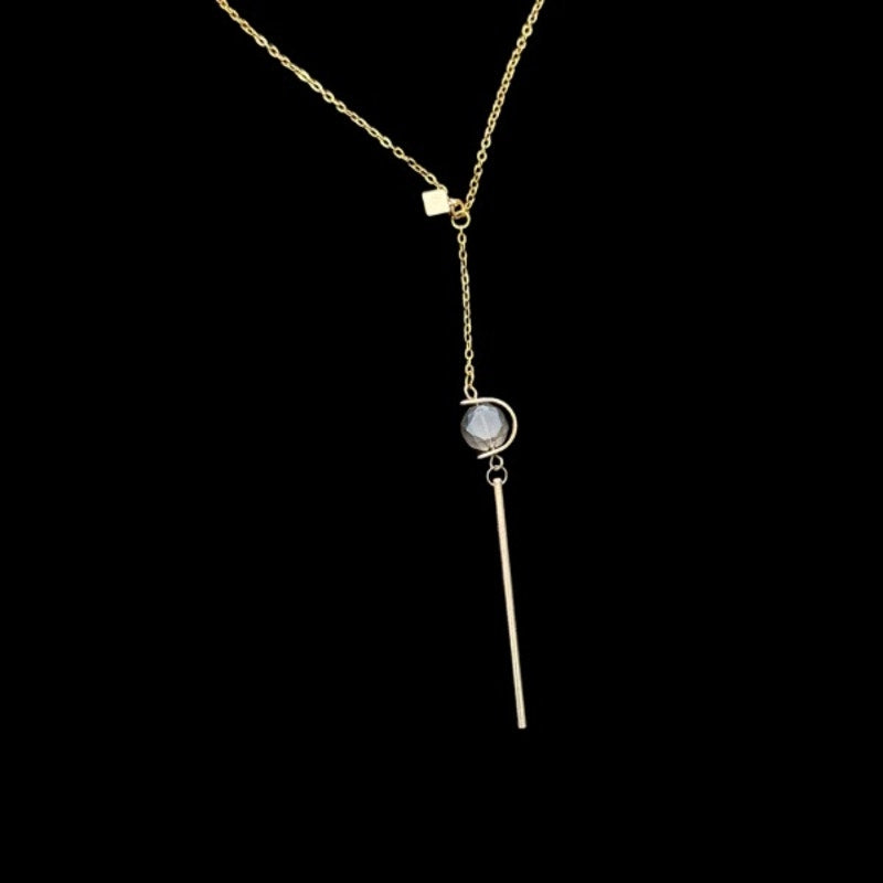 Gold Cube and Abstract Ice Blue Bead Drop Earring Layered Pendant Necklace