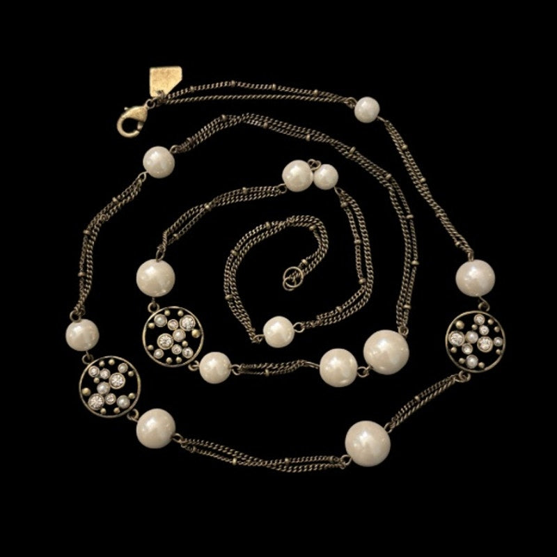 Vintage Bronze-tone Costume Pearl Bead & Rhinestone Studded Chain Necklace/ Belt (35”)