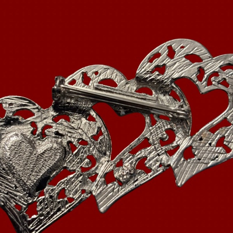 Vintage Silver and Black Scrollwork Filigree Triple Heart Brooch