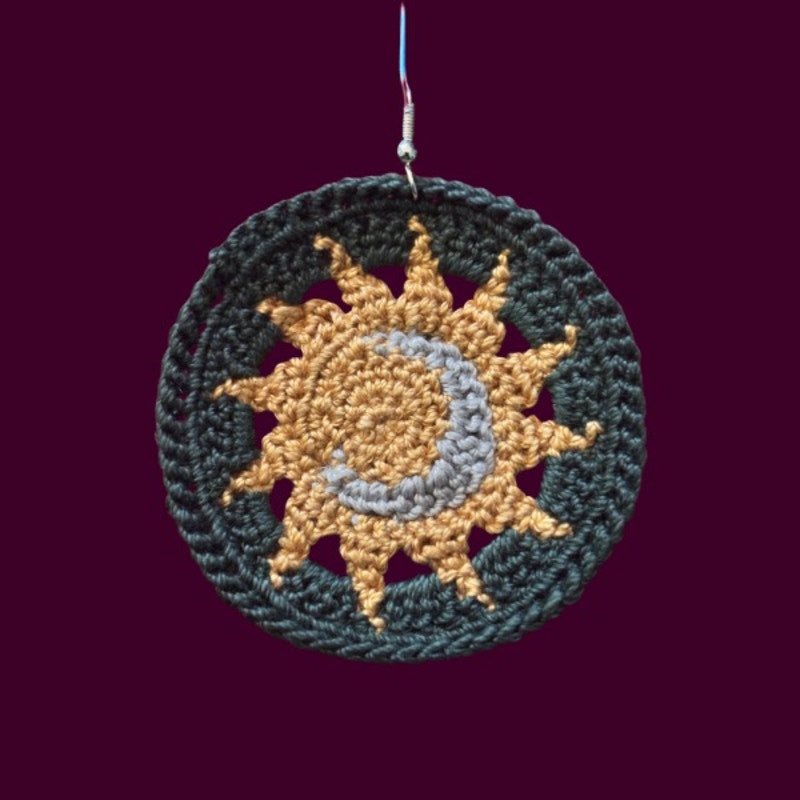 Forest Green Sun and Moon Micro-crocheted Disc Earrings | Made by Maya
