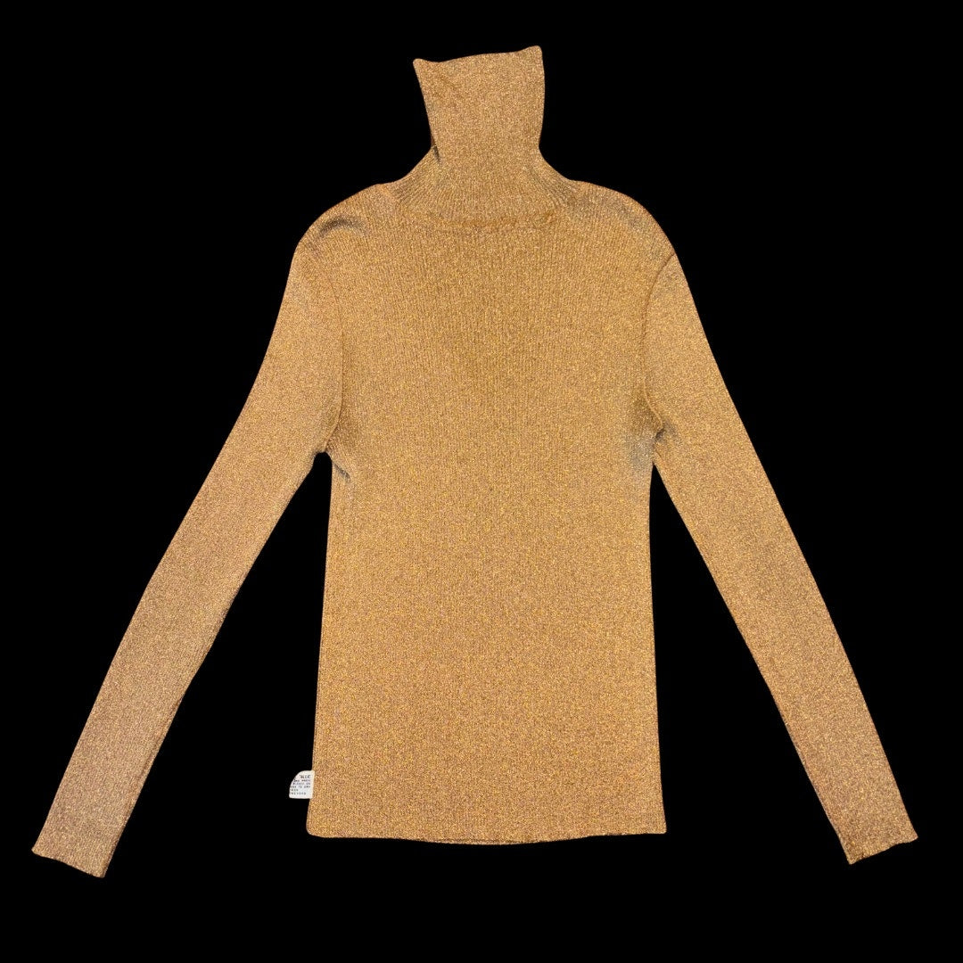 1970’s Vintage Sheer Ribbed Knit Gold Metallic Turtleneck Long Sleeved Sweater (M)