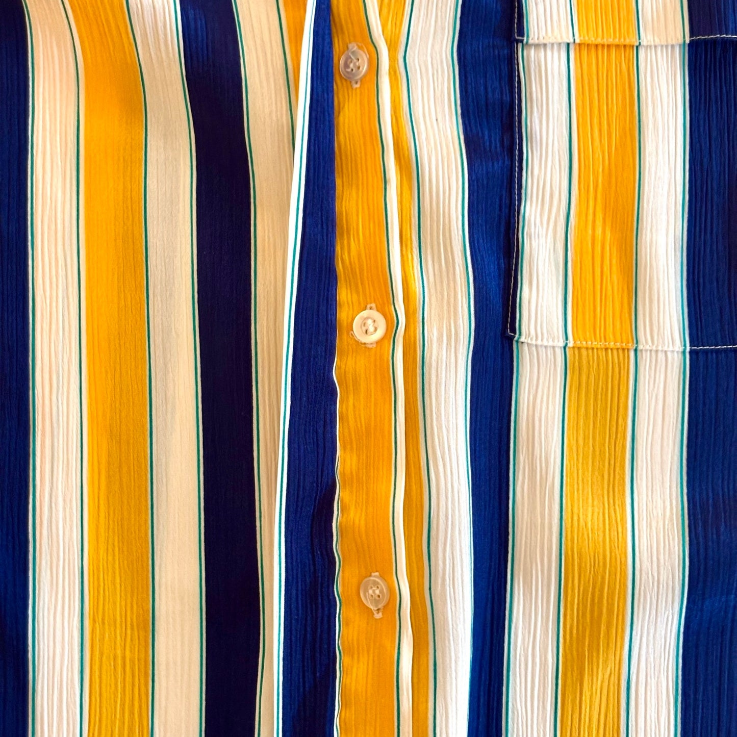 Vintage Textured Satin Yellow, White, & Blue Striped Short Sleeve Shirt (M/L)