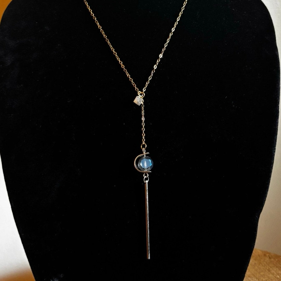 Gold Cube and Abstract Ice Blue Bead Drop Earring Layered Pendant Necklace