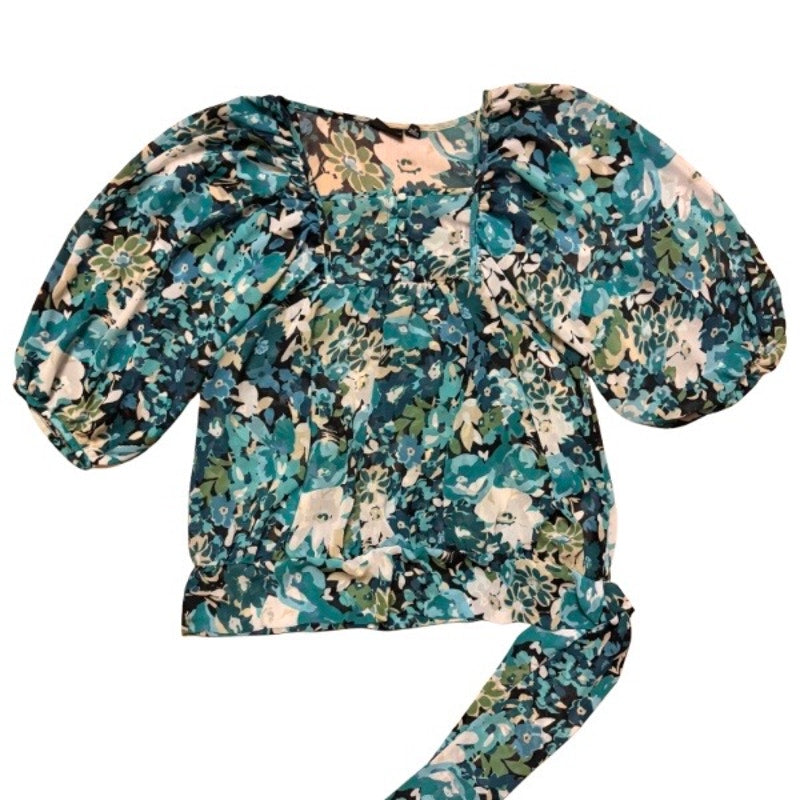 Sheer Blue/Green Floral Puffed Sleeve Peasant Top w/ Sash (L)