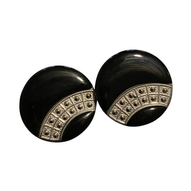 Vintage Art Deco Black and Silver Enamel  Disc Earrings