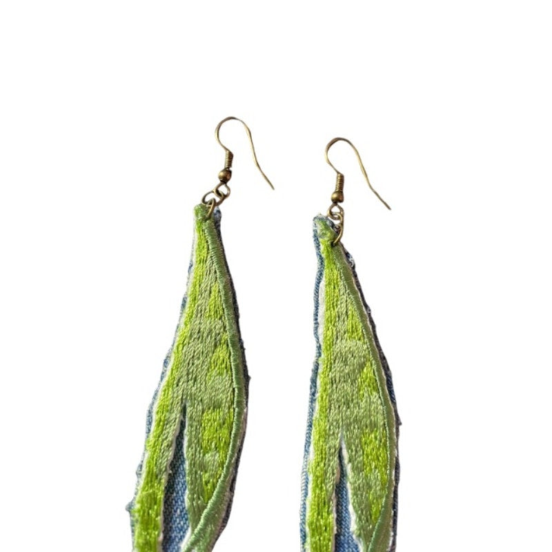 Upcycled Vintage Pink Tulip Embroidered Patch + Denim Earrings (Upside Down)