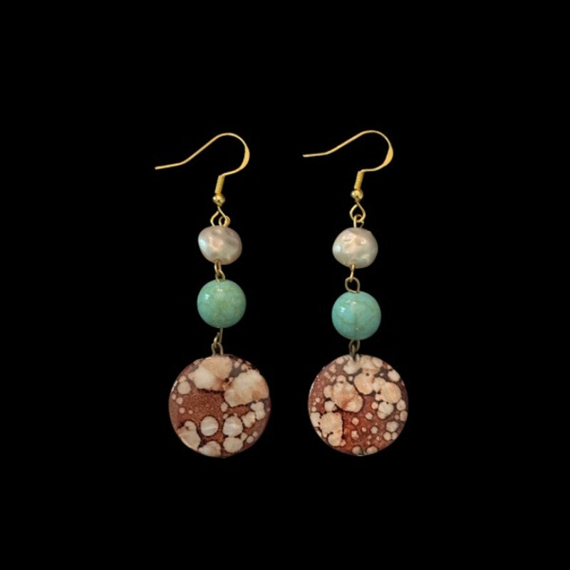 Baroque-Inspired Costume Pearl, Turquoise, & Brown Jasper Shell Bead Drop Earrings