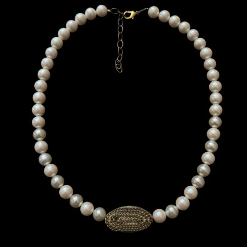 Oval Bronze Accent Mock Pearl Necklace | Handmade with Vintage Beads