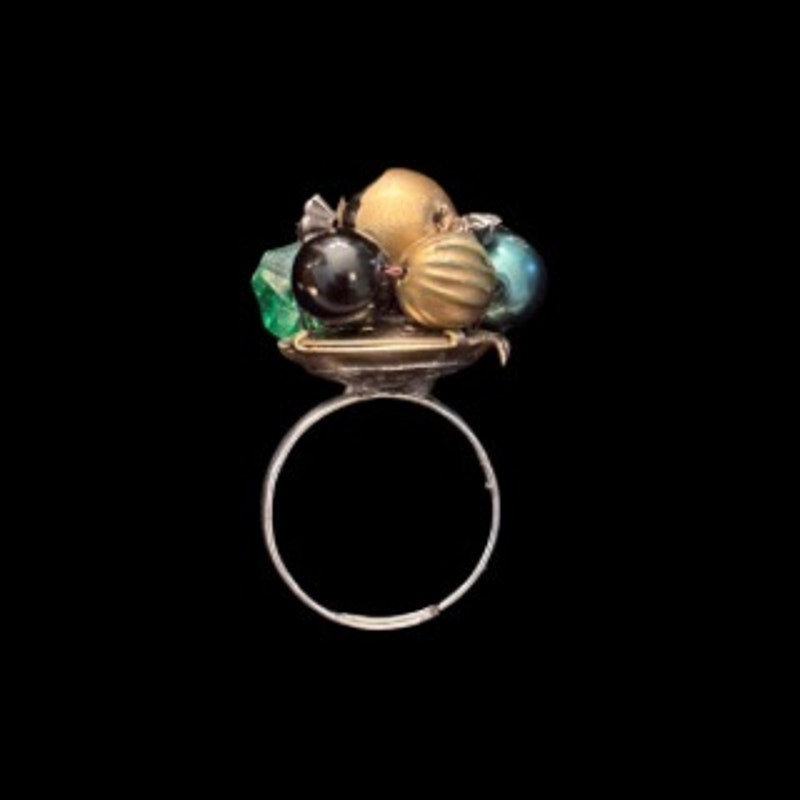Black, Gold, and Green Beaded Flower Upcycled Vintage Earring Ring (6.5-8)