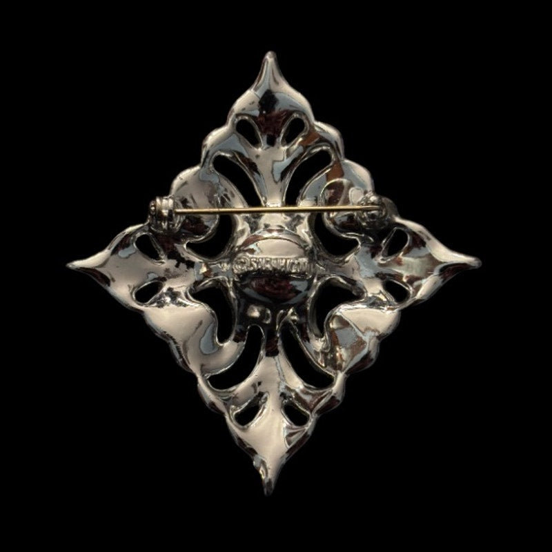 Vintage Art Deco Diamond Shaped Rhinestone Faux Pearl Silver Brooch/ Pin