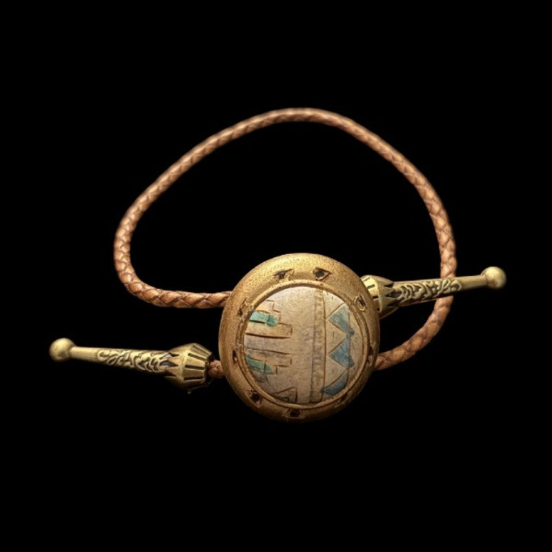 Upcycled Vintage Gold, Blue, and White Southwestern Style Disc Bolo Bracelet