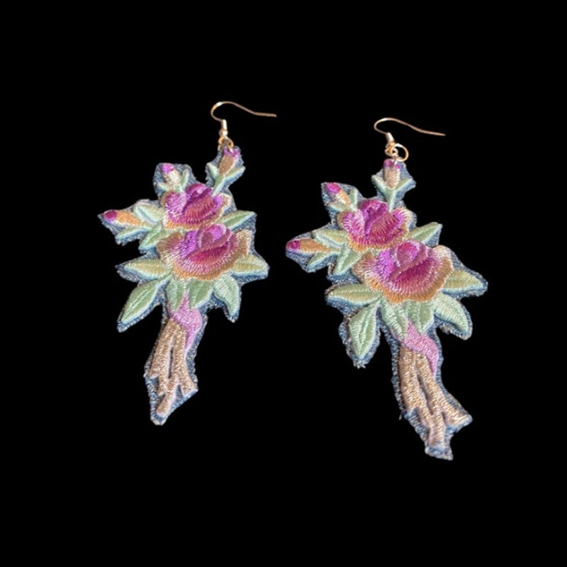 Vintage Purple/Silver Rose Bouquet Embroidered Patch + Denim Earrings