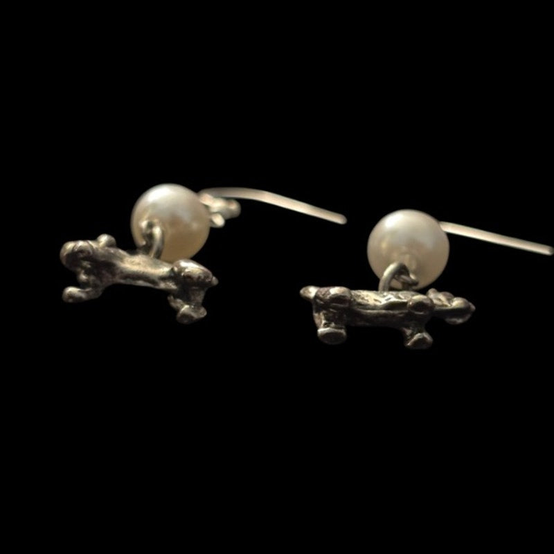 Pearl Bead & Vintage Sterling Silver Terrier and Bulldog Charm Drop Earrings