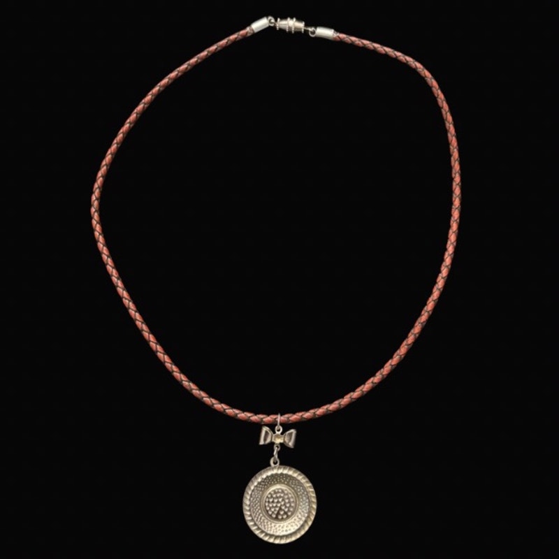 Silver & Blue Disc & Bow Pendant Leather Cord Choker Necklace