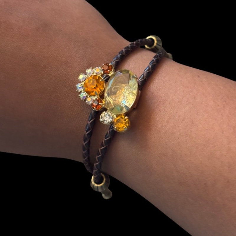 Upcycled Vintage Abstract Mock Yellow Orange Topaz Rhinestone Cluster Bolo Bracelet