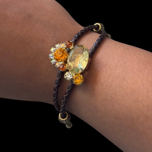 Upcycled Vintage Abstract Mock Yellow Orange Topaz Rhinestone Cluster Bolo Bracelet