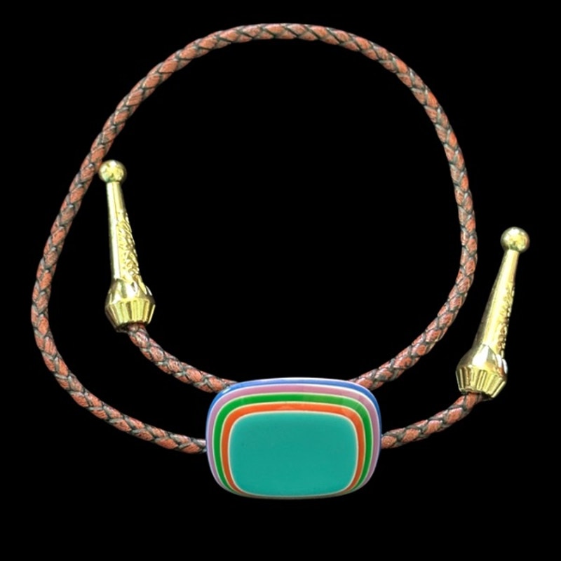 Upcycled Vintage Turquoise Blue/Multi Striped Border Square Bolo Bracelet