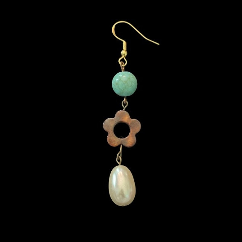 Baroque-Inspired Turquoise, Brown Shell Flower, & Costume Pearl Beaded Drop Earrings