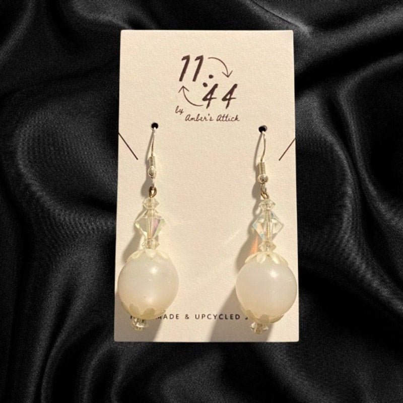 White Mock Crystal and Pearl Beaded Drop Earrings | Upcycled Vintage