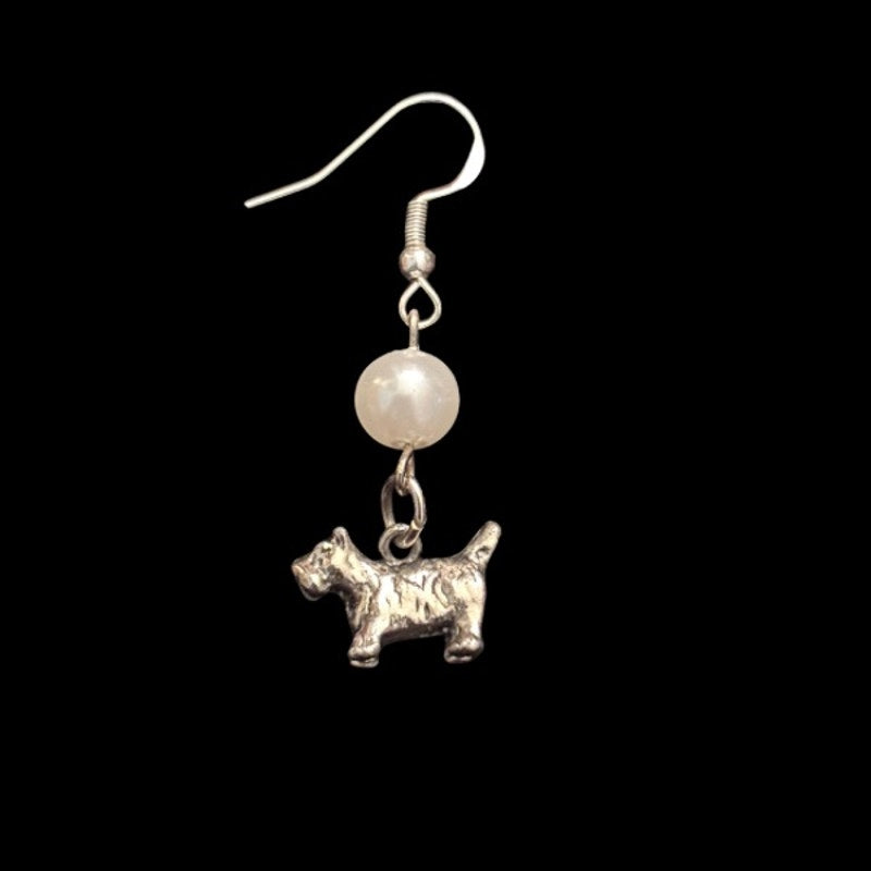 Pearl Bead & Vintage Sterling Silver Terrier and Bulldog Charm Drop Earrings