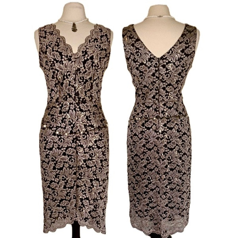 Black & White Gold Sequined Lace Stretch Sleeveless Bodycon Sheath Dress (8)