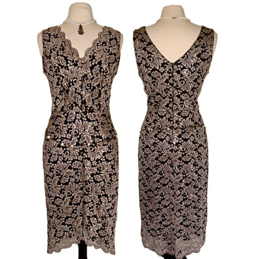 Black & White Gold Sequined Lace Stretch Sleeveless Bodycon Sheath Dress (8)