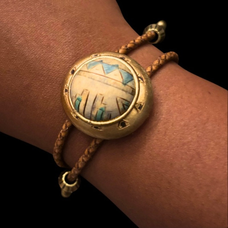 Upcycled Vintage Gold, Blue, and White Southwestern Style Disc Bolo Bracelet