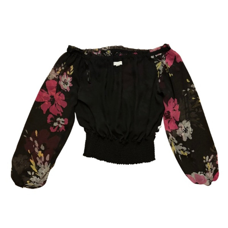 Off-Shoulder Black & Pink Floral Sheer Long Sleeve Shirred Hem Crop Top (12P)