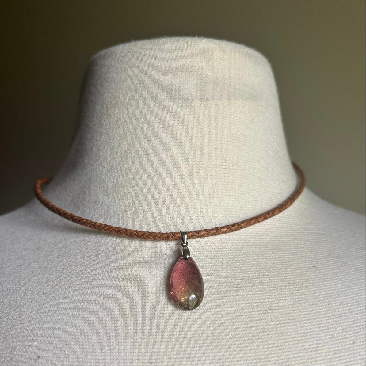Faux Ametrine Teardrop Pendant Leather Cord Choker Necklace