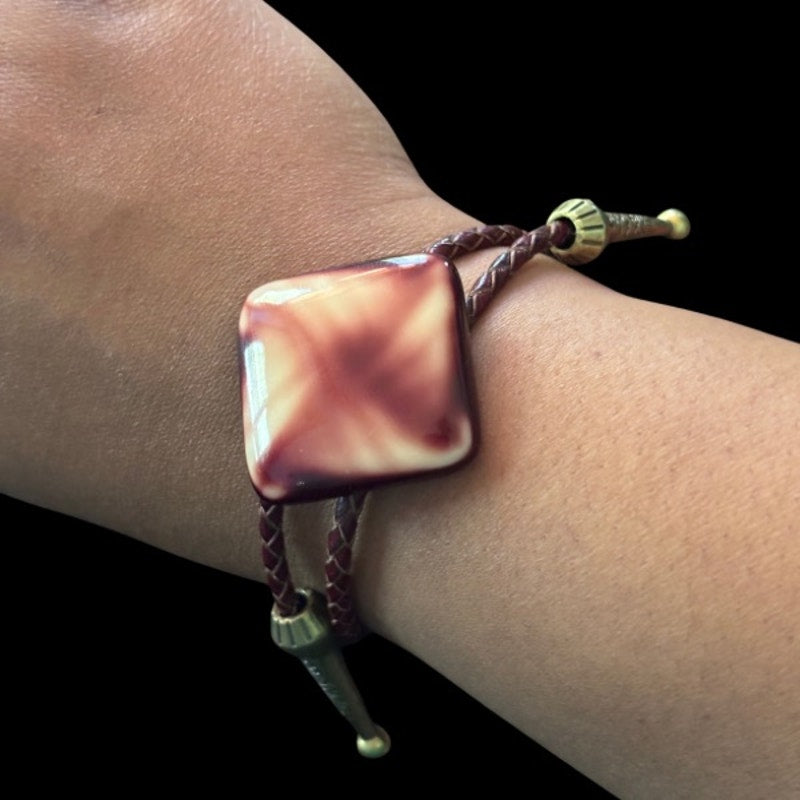 Upcycled Vintage Burgundy Cream Pinwheel Swirl Diamond Bolo Bracelet
