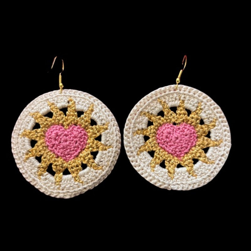 Pink, Gold, & Cream Hearts on Fire Micro-crocheted Disc Earrings