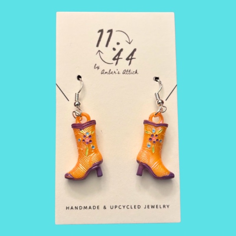 Orange/Purple Handpainted Y2K Floral Cowgirl Boot Charm Earrings