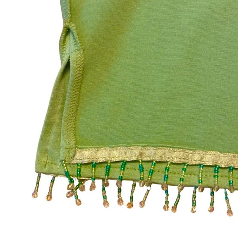 Vintage Embroidered Pink & Green Hummingbird Patch Beaded Fringe Hem Crop Top (Large)