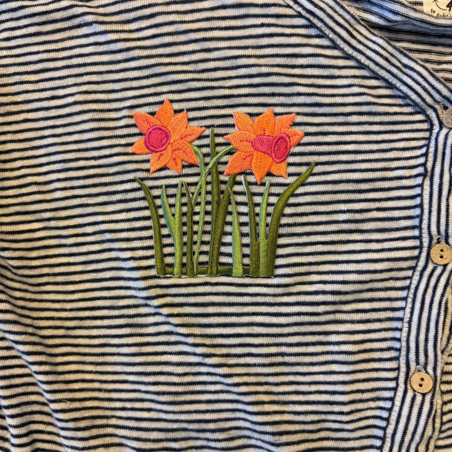 Vintage Daffodil Patch Blue and White Striped Button Down Tie Front Linen Crop Top (M/L)