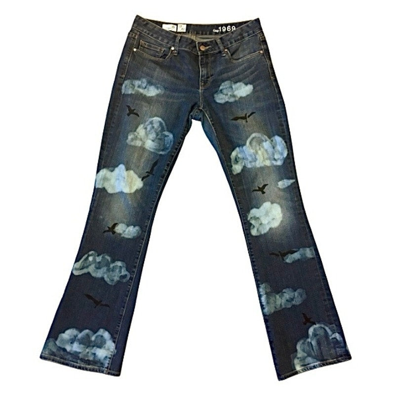 “Blackbirds Fly” Upcycled Medium Curvy Bootcut Jeans (29 R)