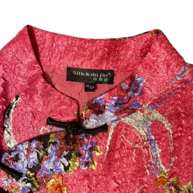 Vintage Hot Pink Chinese Silk du Jin Floral Qipao Mini-Dress (L)