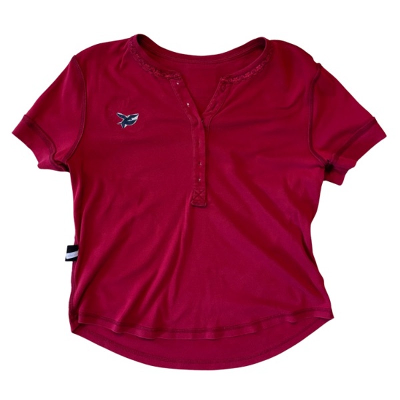 Vintage Embroidered Star Planet Patch Wine Red 1/4 Button Down Cotton Short Sleeve Shirt (L)