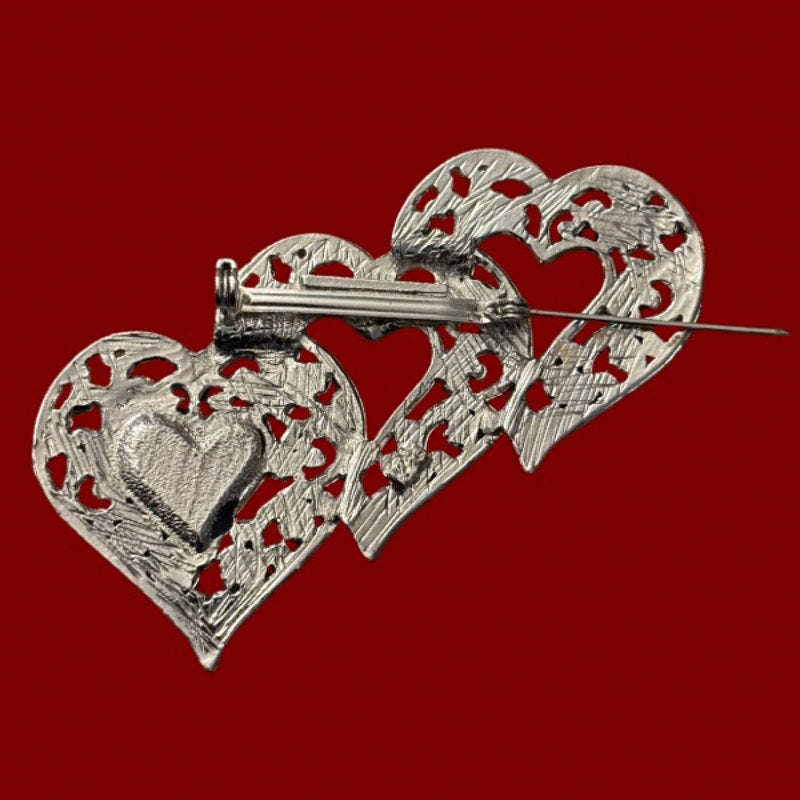 Vintage Silver and Black Scrollwork Filigree Triple Heart Brooch