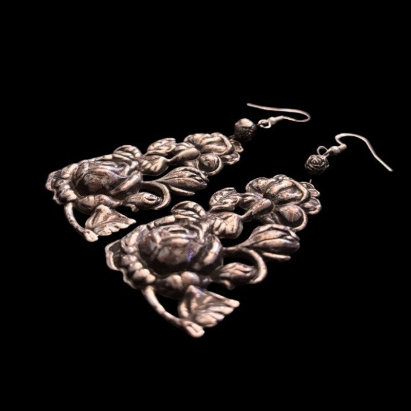 OOAK Antiqued Silver Roses Drop Earrings | Upcycled Vintage