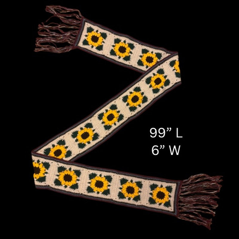 Extra-Long Crocheted Sunflower Granny Square Scarf w/ Multicolor Fringe