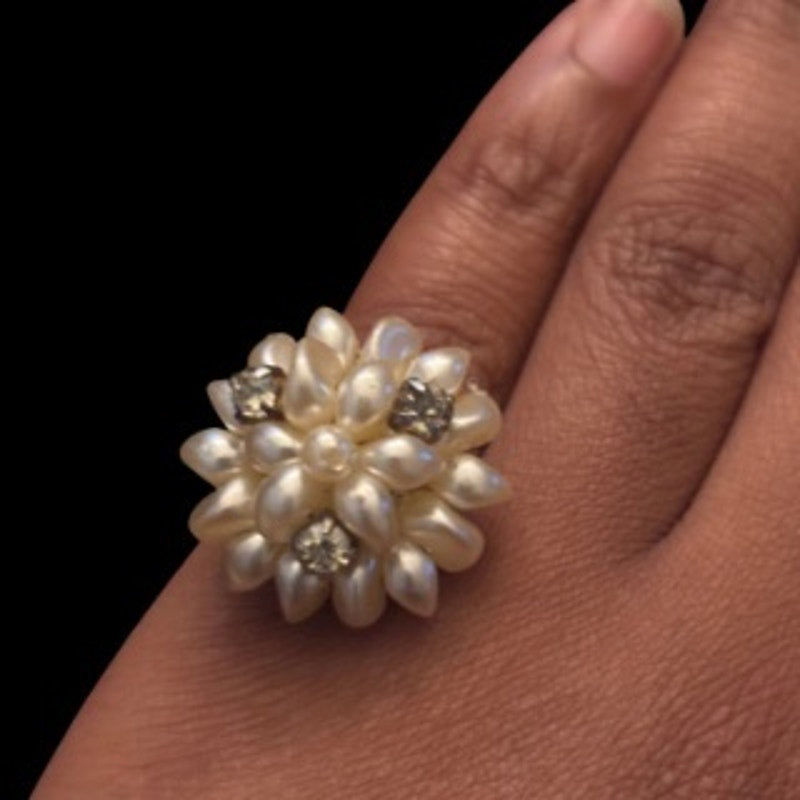 Pearl and Rhinestone Bead Cluster Upcycled Vintage Earring Ring (6-8)
